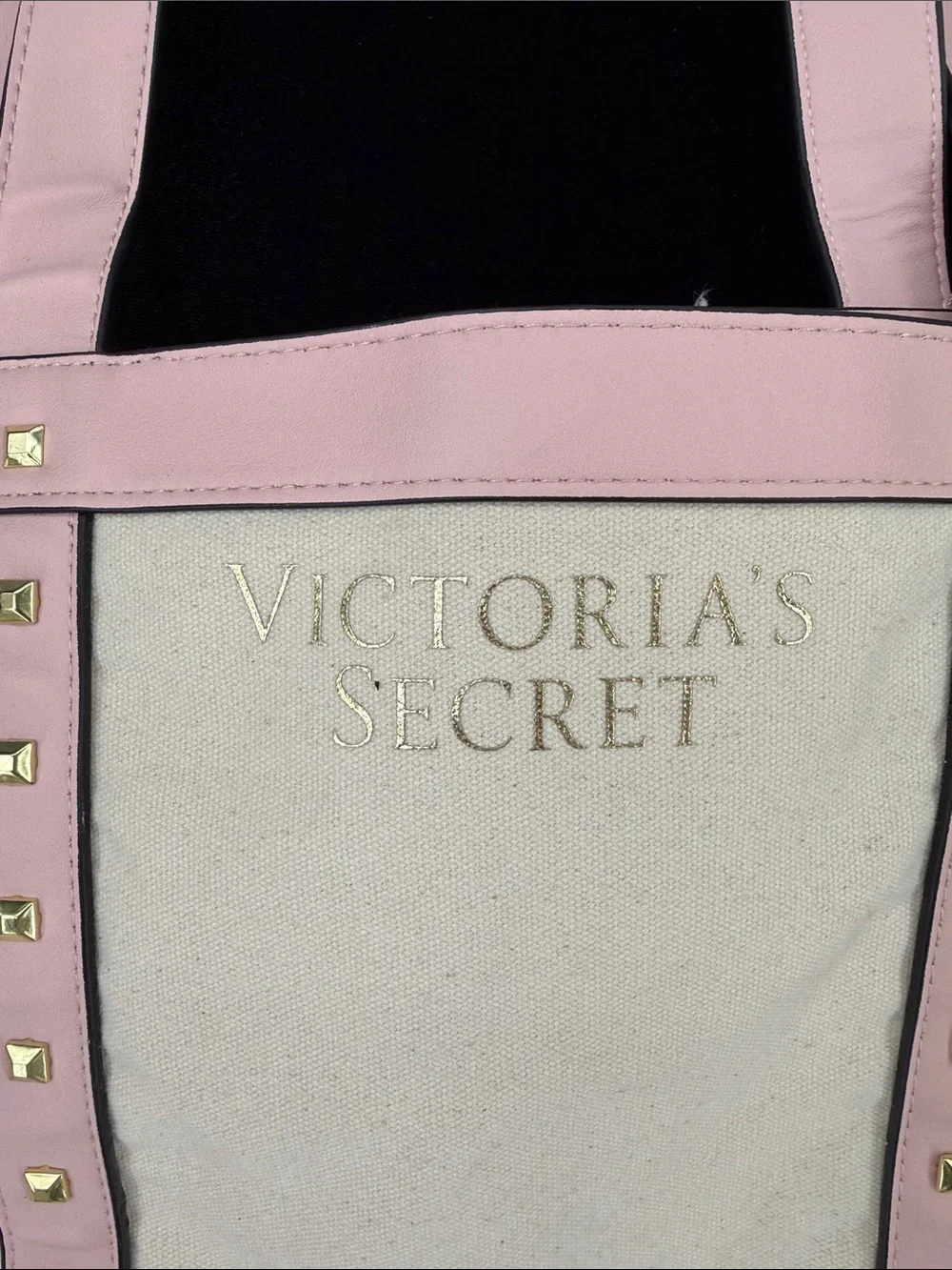 Victoria's Secret Cream Canvas Tote with Pink Trim & Studs